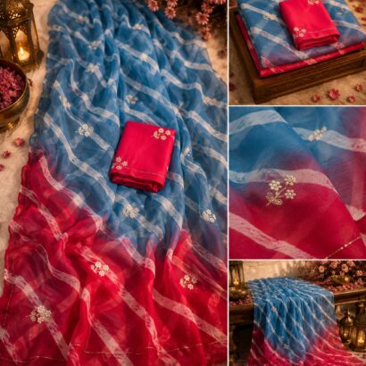 Multicolor Leheriya Chiffon Saree with Handwork, Half Pure Chiffon Fabric and Matching Blouse, Perfect for Every Occasion