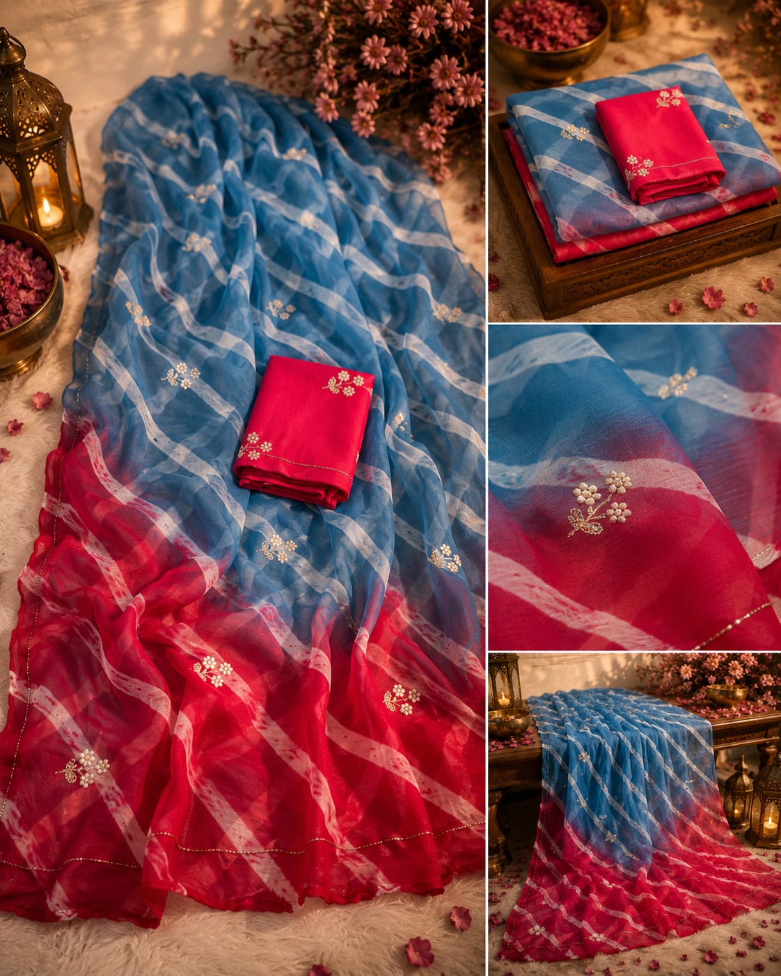 Multicolor Leheriya Chiffon Saree with Handwork, Half Pure Chiffon Fabric and Matching Blouse, Perfect for Every Occasion