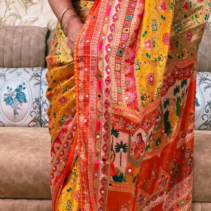 Soft Chinon Silk Digital Print Saree with Hand Aari Work, 2000+ Real Mirror Work, Gota Piping Border and Matching Unstitched Blouse for Wedding & Festive Wear