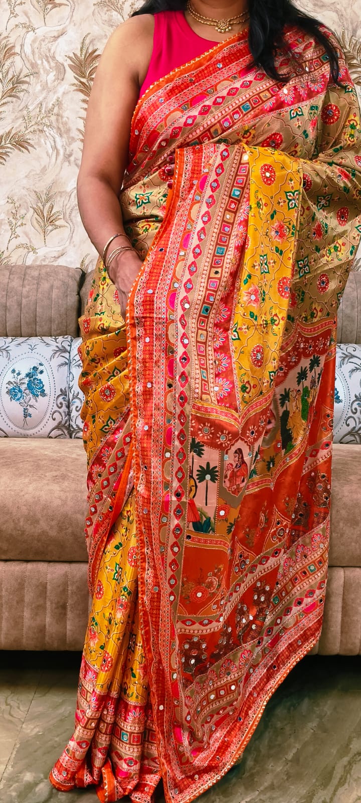 Soft Chinon Silk Digital Print Saree with Hand Aari Work, 2000+ Real Mirror Work, Gota Piping Border and Matching Unstitched Blouse for Wedding & Festive Wear