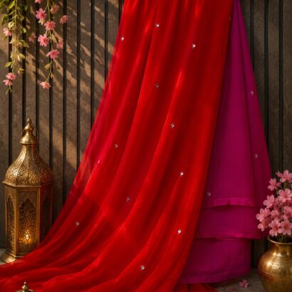 Half Pure Chiffon Saree with Foil Mirror Patra Work and Matching Blouse, lightweight designer ethnic saree perfect for weddings, festivals, parties, and every occasion.