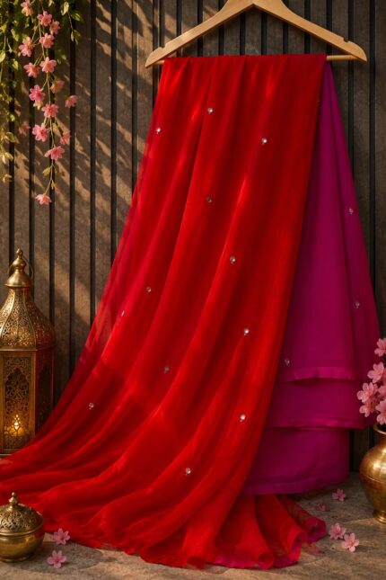 Half Pure Chiffon Saree with Foil Mirror Patra Work and Matching Blouse, lightweight designer ethnic saree perfect for weddings, festivals, parties, and every occasion.