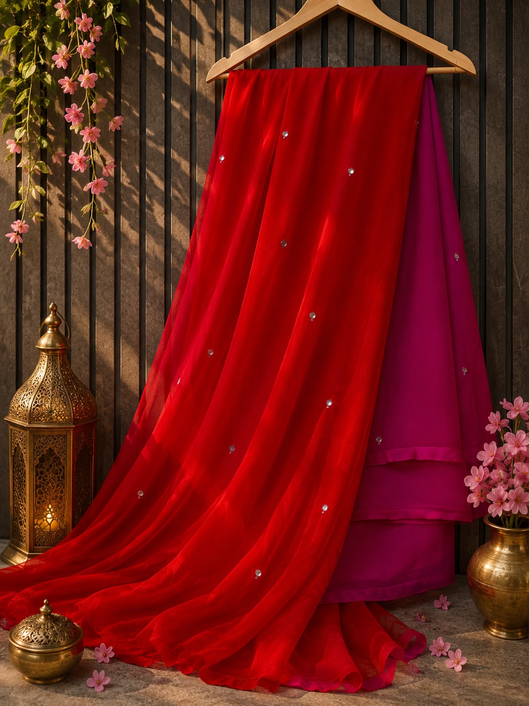 Half Pure Chiffon Saree with Foil Mirror Patra Work and Matching Blouse, lightweight designer ethnic saree perfect for weddings, festivals, parties, and every occasion.
