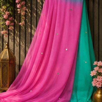 Half Pure Chiffon Saree with Foil Mirror Patra Work and Matching Blouse, lightweight designer ethnic saree perfect for weddings, festivals, parties, and every occasion.