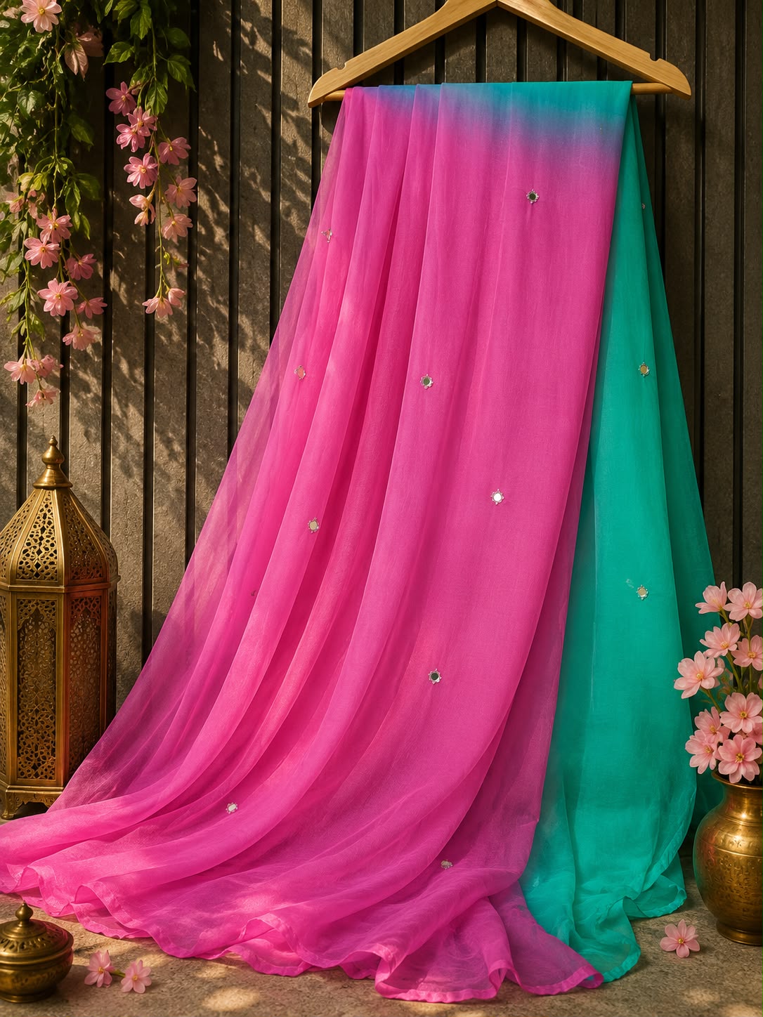 Half Pure Chiffon Saree with Foil Mirror Patra Work and Matching Blouse, lightweight designer ethnic saree perfect for weddings, festivals, parties, and every occasion.