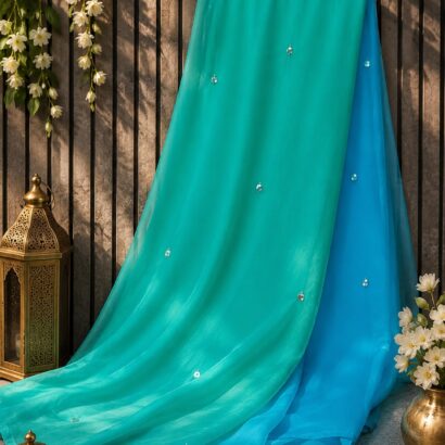Half Pure Chiffon Saree with Foil Mirror Patra Work and Matching Blouse, lightweight designer ethnic saree perfect for weddings, festivals, parties, and every occasion.