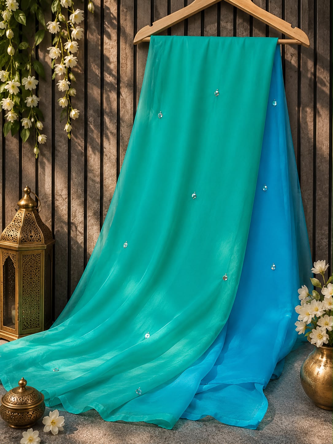 Half Pure Chiffon Saree with Foil Mirror Patra Work and Matching Blouse, lightweight designer ethnic saree perfect for weddings, festivals, parties, and every occasion.