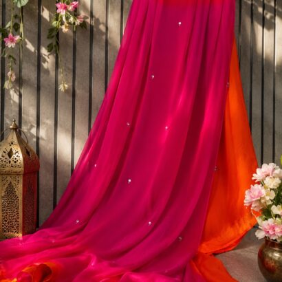 Half Pure Chiffon Saree with Foil Mirror Patra Work and Matching Blouse, lightweight designer ethnic saree perfect for weddings, festivals, parties, and every occasion.