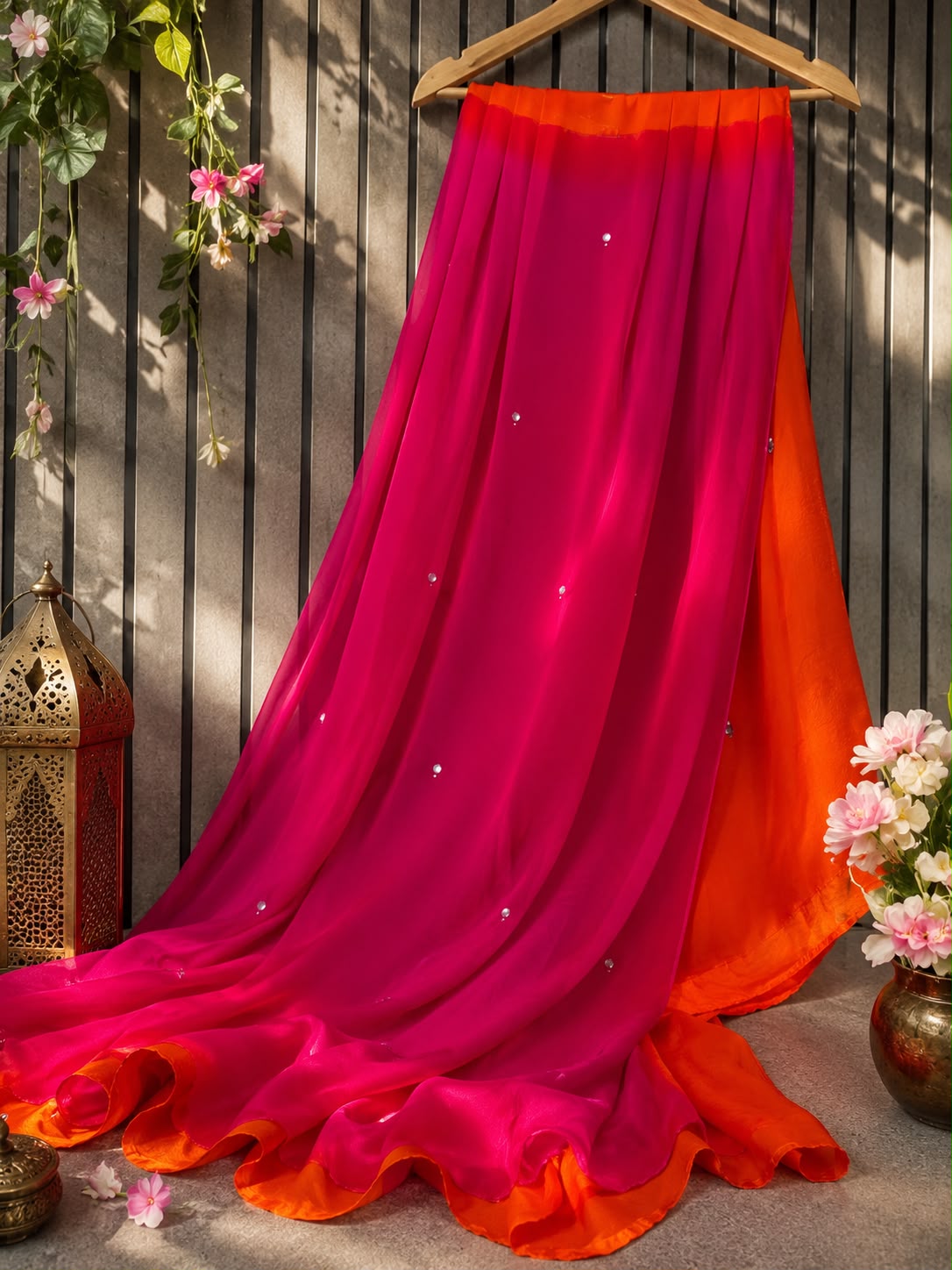 Half Pure Chiffon Saree with Foil Mirror Patra Work and Matching Blouse, lightweight designer ethnic saree perfect for weddings, festivals, parties, and every occasion.