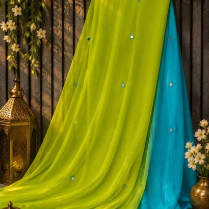 Half Pure Chiffon Saree with Foil Mirror Patra Work and Matching Blouse, lightweight designer ethnic saree perfect for weddings, festivals, parties, and every occasion.