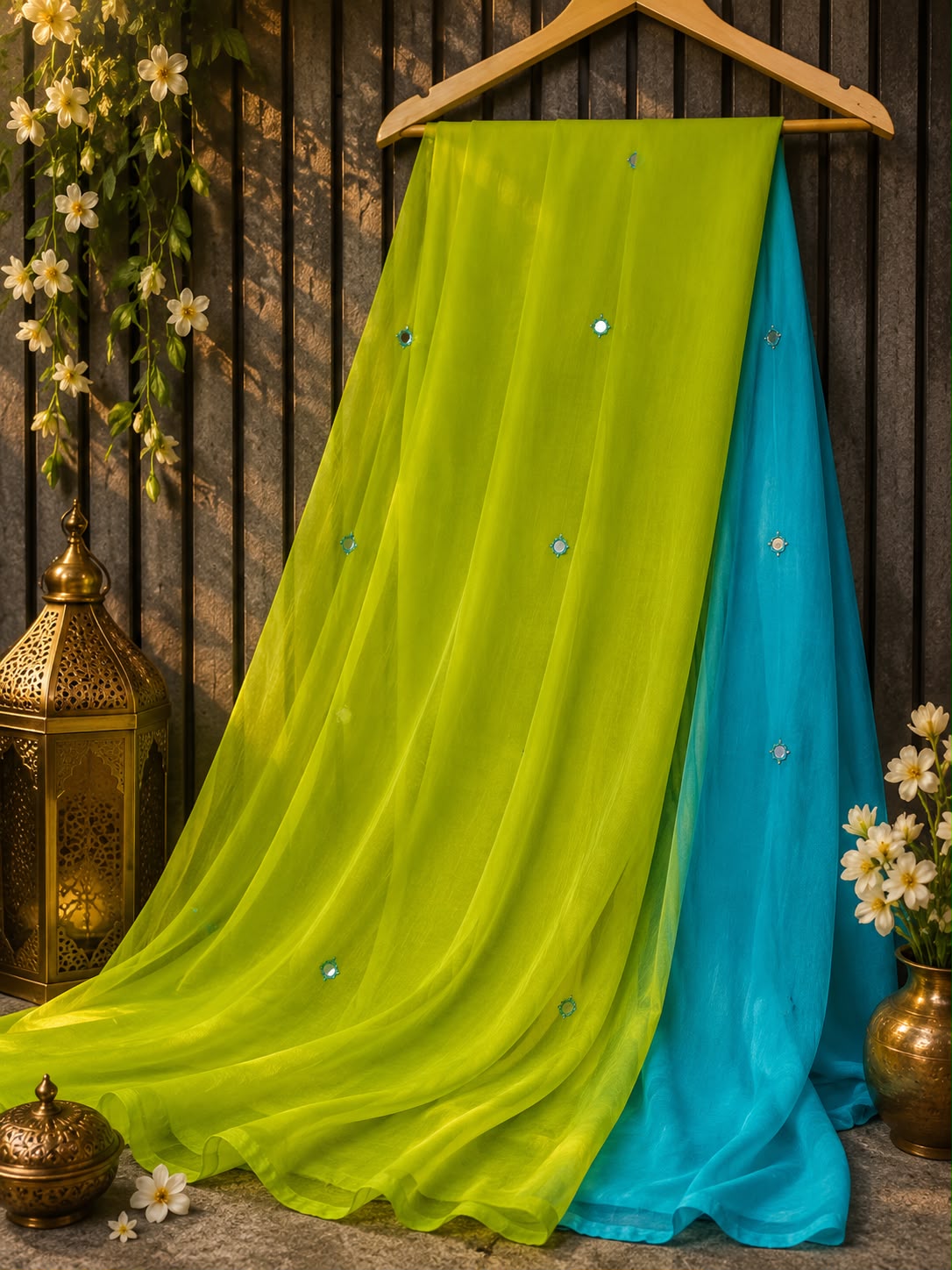 Half Pure Chiffon Saree with Foil Mirror Patra Work and Matching Blouse, lightweight designer ethnic saree perfect for weddings, festivals, parties, and every occasion.