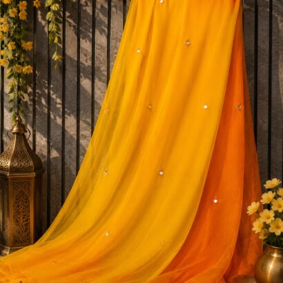 Half Pure Chiffon Saree with Foil Mirror Patra Work and Matching Blouse, lightweight designer ethnic saree perfect for weddings, festivals, parties, and every occasion.
