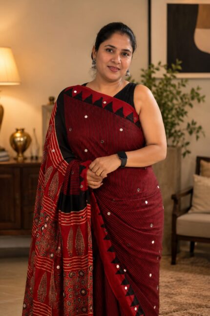 Pure Modal Silk Saree in Maroon Red with natural dye hand block print, 500 hand-pasted mirror work, striped design and designer pallu for festive, wedding and party wear.