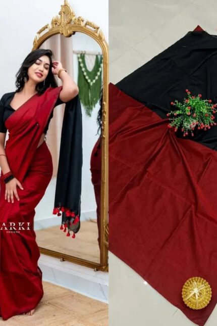 Red and Black Sico Khadi Cotton Saree with contrast blouse piece, matching tassel pallu, soft lightweight fabric, elegant traditional ethnic wear for women.