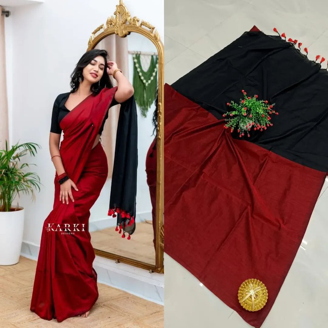 Red and Black Sico Khadi Cotton Saree with contrast blouse piece, matching tassel pallu, soft lightweight fabric, elegant traditional ethnic wear for women.