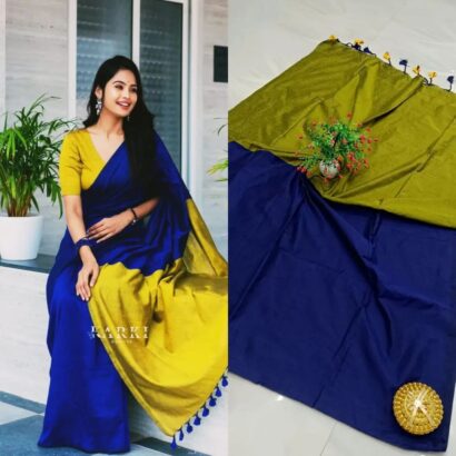 Royal Blue and Mustard Yellow Sico Khadi Cotton Saree with contrast blouse piece, matching tassel pallu, soft lightweight fabric, elegant traditional ethnic wear for women.