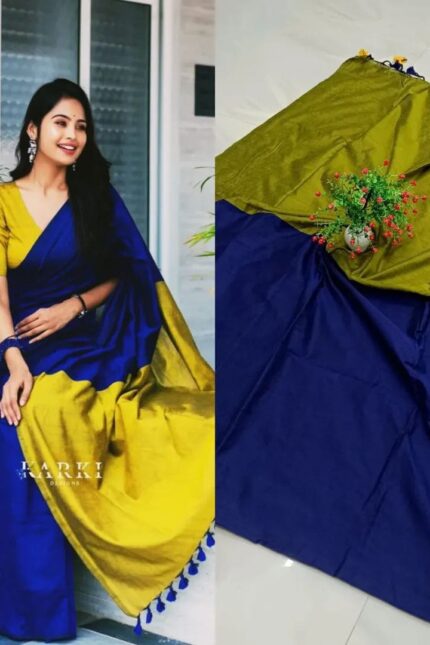 Royal Blue and Mustard Yellow Sico Khadi Cotton Saree with contrast blouse piece, matching tassel pallu, soft lightweight fabric, elegant traditional ethnic wear for women.