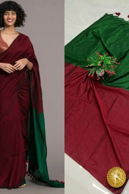 Red and Green Sico Khadi Cotton Saree with contrast blouse piece, matching tassel pallu, soft lightweight fabric, elegant traditional ethnic wear for women.