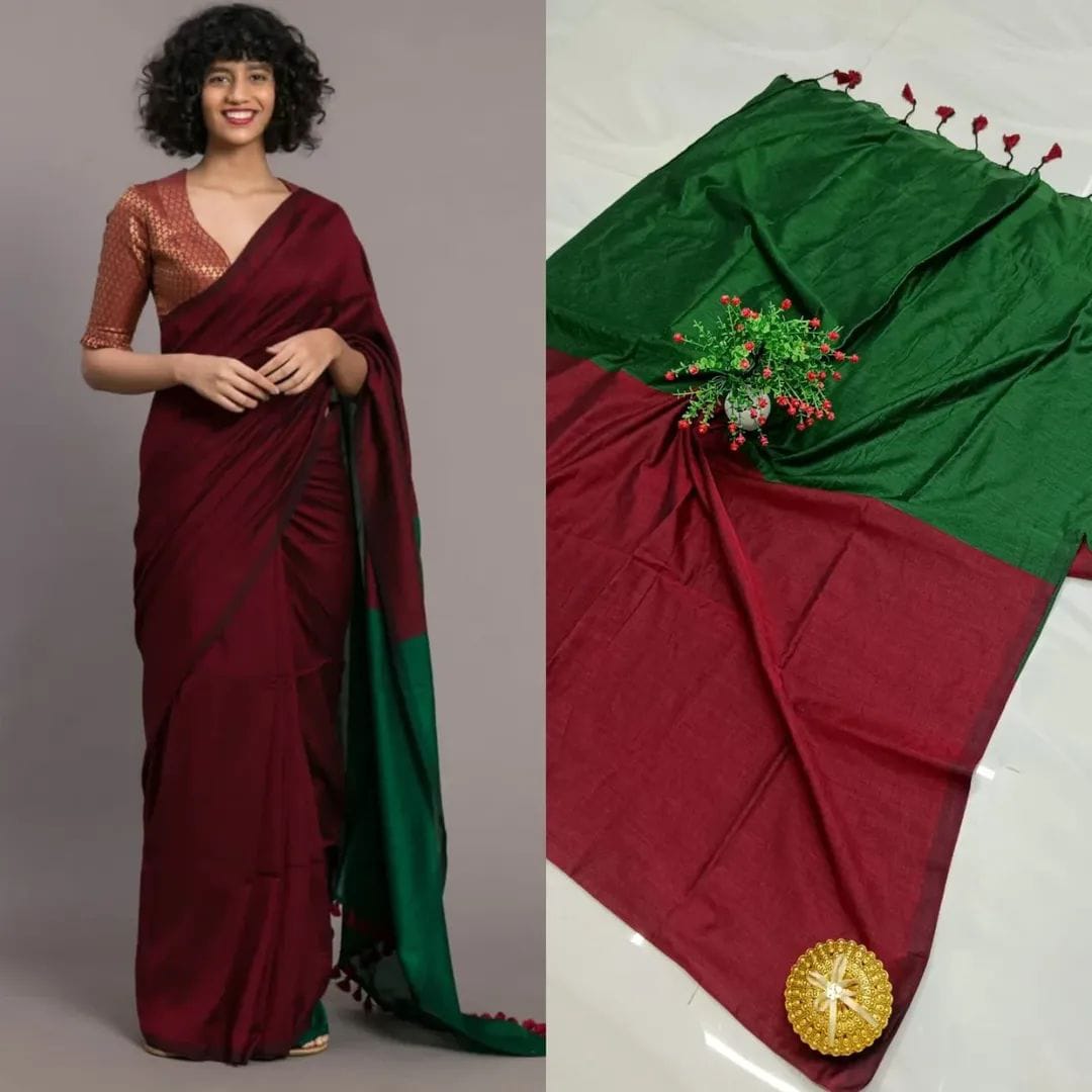 Red and Green Sico Khadi Cotton Saree with contrast blouse piece, matching tassel pallu, soft lightweight fabric, elegant traditional ethnic wear for women.
