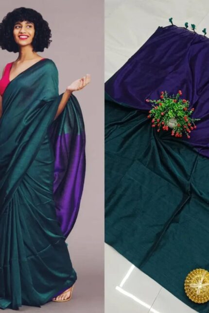Bottle green & Royal purple Sico Khadi Cotton Saree with contrast blouse piece, matching tassel pallu, soft lightweight fabric, elegant traditional ethnic wear for women.
