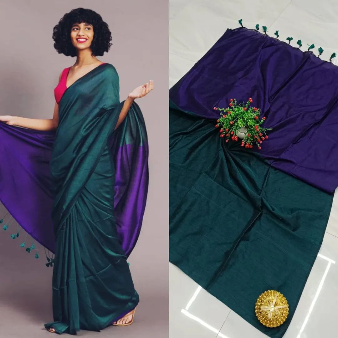 Bottle green & Royal purple Sico Khadi Cotton Saree with contrast blouse piece, matching tassel pallu, soft lightweight fabric, elegant traditional ethnic wear for women.