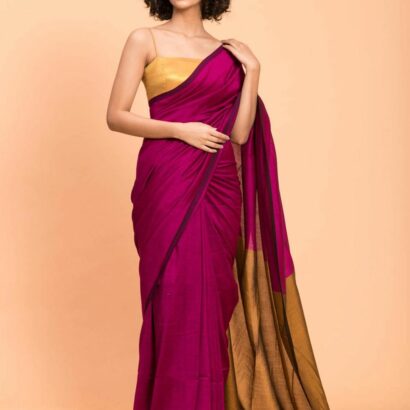 Rani Pink & Mustard Gold Sico Khadi Cotton Saree with contrast blouse piece, matching tassel pallu, soft lightweight fabric, elegant traditional ethnic wear for women.