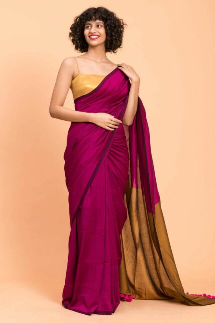 Rani Pink & Mustard Gold Sico Khadi Cotton Saree with contrast blouse piece, matching tassel pallu, soft lightweight fabric, elegant traditional ethnic wear for women.