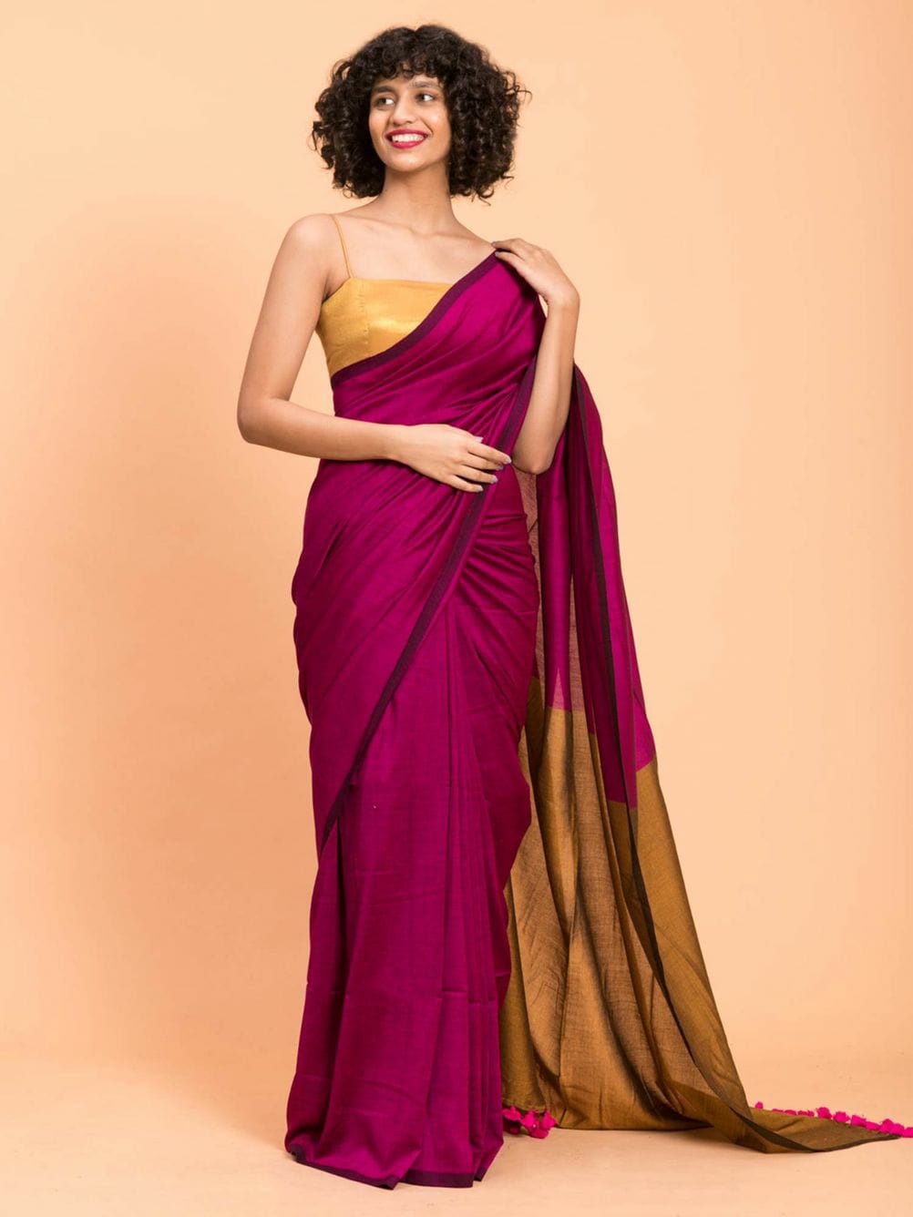 Rani Pink & Mustard Gold Sico Khadi Cotton Saree with contrast blouse piece, matching tassel pallu, soft lightweight fabric, elegant traditional ethnic wear for women. Rani Pink & Mustard Gold Sico Khadi Cotton Saree with contrast blouse piece, matching tassel pallu, soft lightweight fabric, elegant traditional ethnic wear for women.