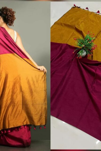 Rani Pink & Mustard Gold Sico Khadi Cotton Saree with contrast blouse piece, matching tassel pallu, soft lightweight fabric, elegant traditional ethnic wear for women.