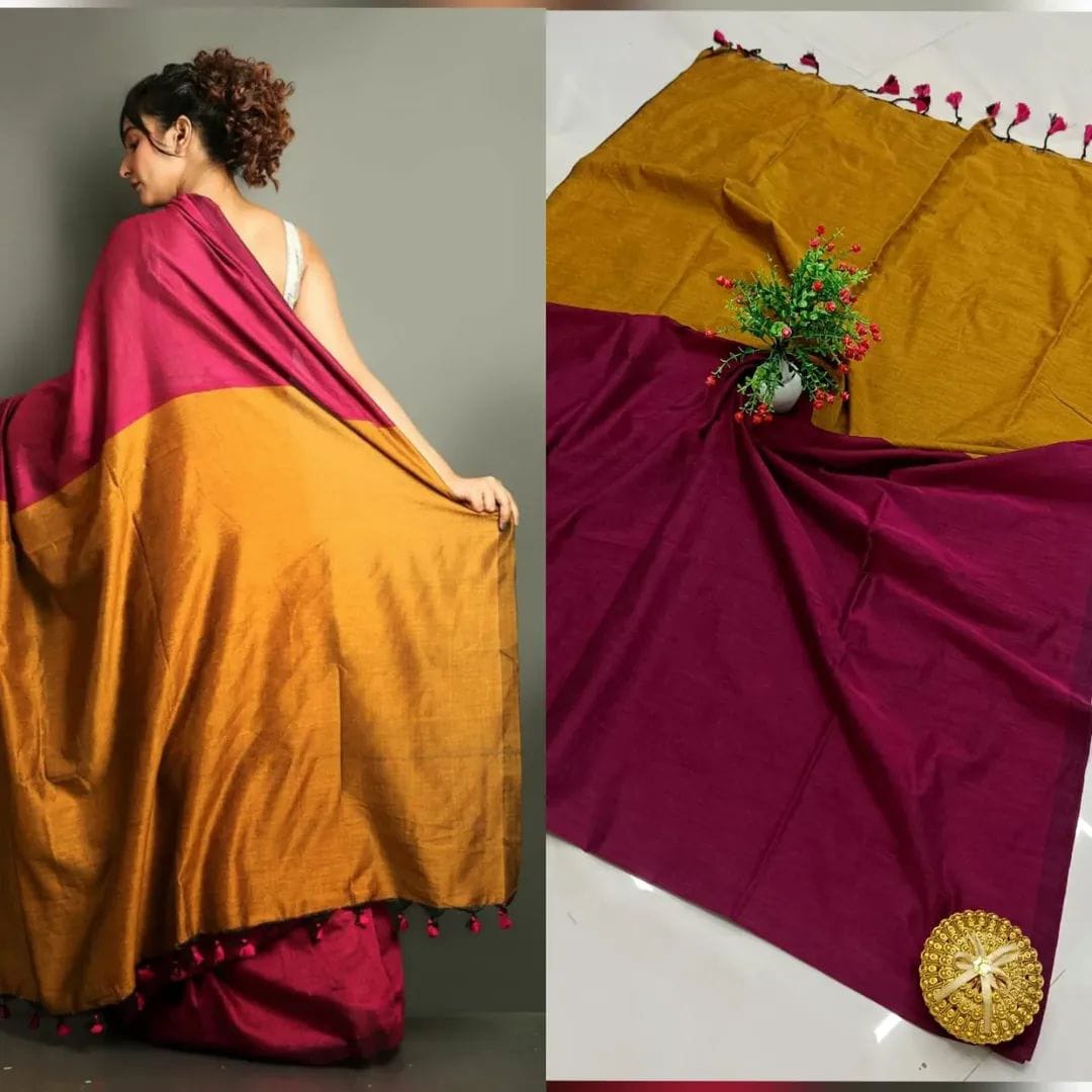 Rani Pink & Mustard Gold Sico Khadi Cotton Saree with contrast blouse piece, matching tassel pallu, soft lightweight fabric, elegant traditional ethnic wear for women.
