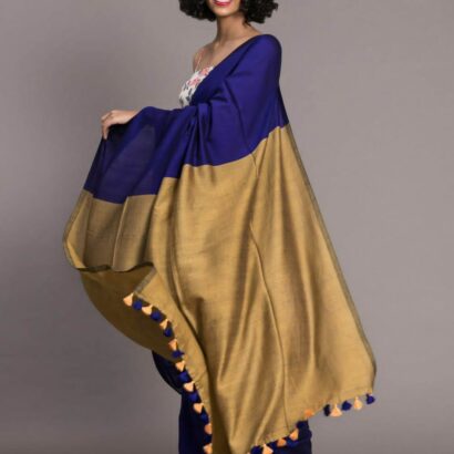 Royal Blue and Antique Gold Sico Khadi Cotton Saree with contrast blouse piece, matching tassel pallu, soft lightweight fabric, elegant traditional ethnic wear for women.