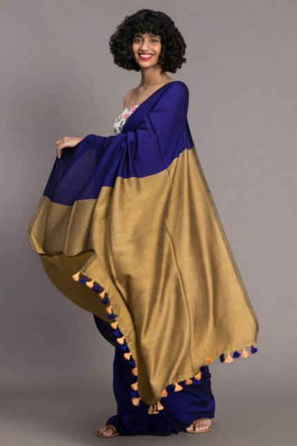 Royal Blue and Antique Gold Sico Khadi Cotton Saree with contrast blouse piece, matching tassel pallu, soft lightweight fabric, elegant traditional ethnic wear for women.