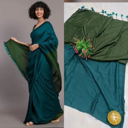Sico Khadi Cotton Saree with contrast blouse piece, matching tassel pallu, soft lightweight fabric, elegant traditional ethnic wear for women.