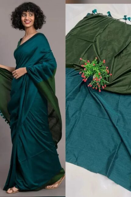 Sico Khadi Cotton Saree with contrast blouse piece, matching tassel pallu, soft lightweight fabric, elegant traditional ethnic wear for women.
