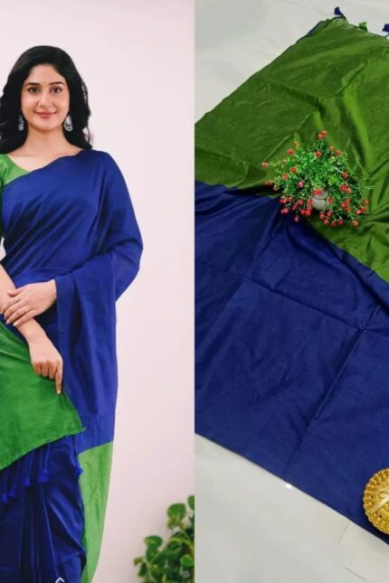 Sico Khadi Cotton Saree Royal Blue & Leaf Green with contrast blouse piece, matching tassel pallu, soft lightweight fabric, elegant traditional ethnic wear for women.