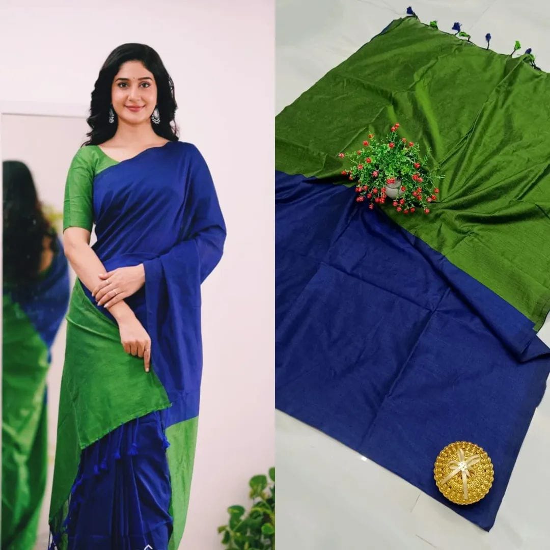 Sico Khadi Cotton Saree Sico Khadi Cotton Saree Royal Blue & Leaf Green with contrast blouse piece, matching tassel pallu, soft lightweight fabric, elegant traditional ethnic wear for women.
