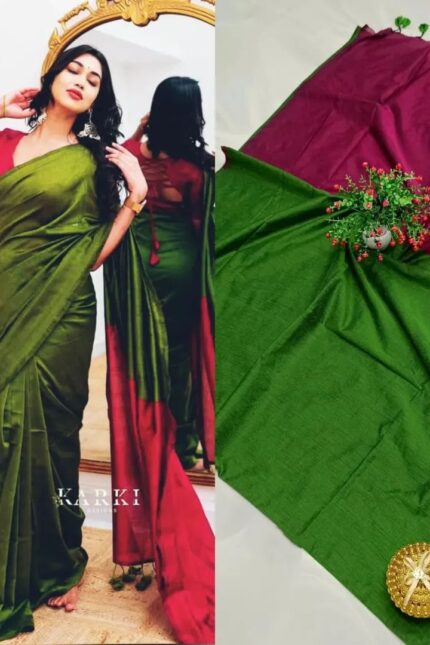 Sico Khadi Cotton Saree with contrast blouse piece, matching tassel pallu, soft lightweight fabric, elegant traditional ethnic wear for women.