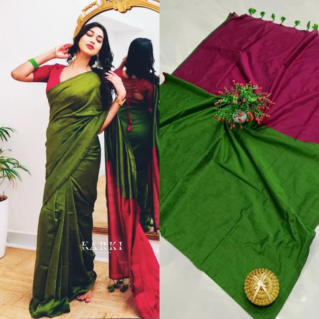 Sico Khadi Cotton Saree with contrast blouse piece, matching tassel pallu, soft lightweight fabric, elegant traditional ethnic wear for women.