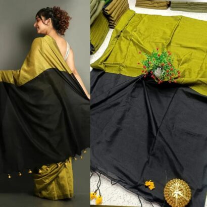 Sico Khadi Cotton Saree with contrast blouse piece, matching tassel pallu, soft lightweight fabric, elegant traditional ethnic wear for women.
