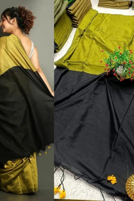 Sico Khadi Cotton Saree with contrast blouse piece, matching tassel pallu, soft lightweight fabric, elegant traditional ethnic wear for women.