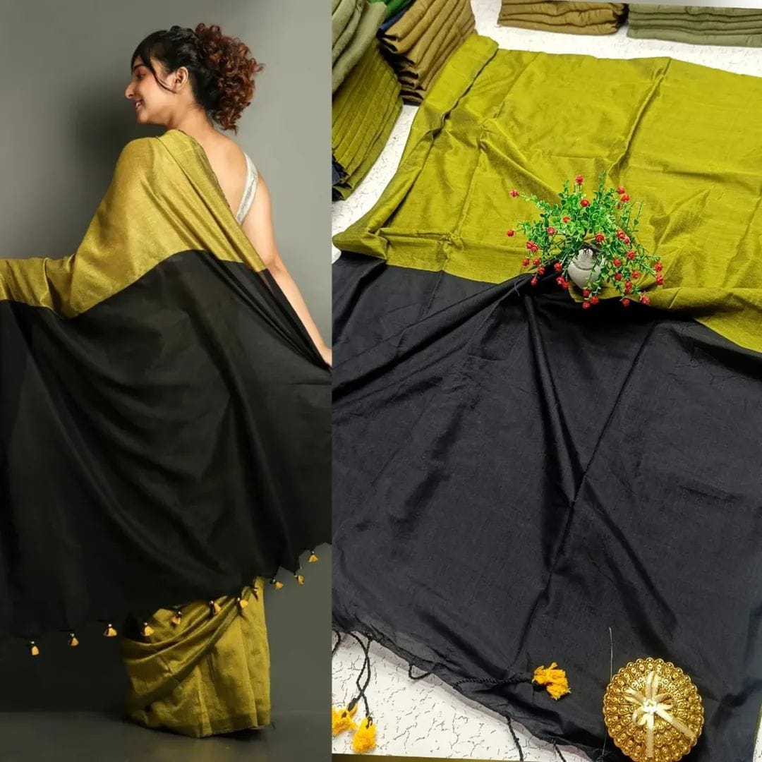 Sico Khadi Cotton Saree with contrast blouse piece, matching tassel pallu, soft lightweight fabric, elegant traditional ethnic wear for women.