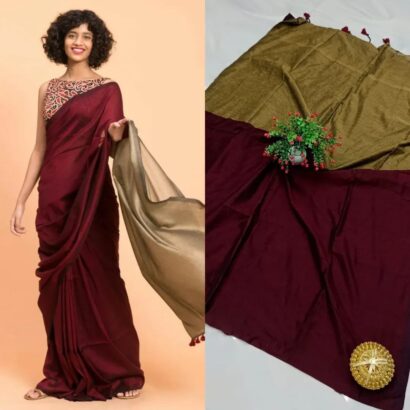 Sico Khadi Cotton Saree with contrast blouse piece, matching tassel pallu, soft lightweight fabric, elegant traditional ethnic wear for women.