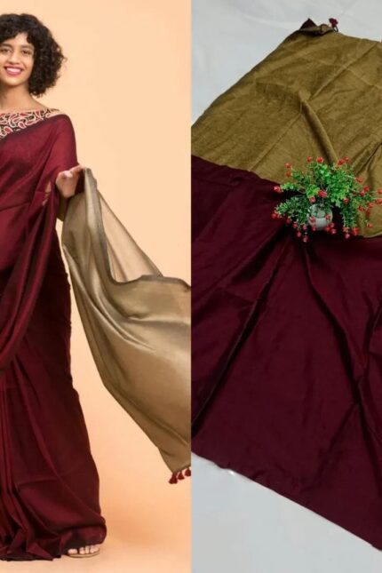Sico Khadi Cotton Saree with contrast blouse piece, matching tassel pallu, soft lightweight fabric, elegant traditional ethnic wear for women.