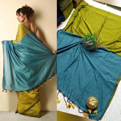 Sico Khadi Cotton Saree with contrast blouse piece, matching tassel pallu, soft lightweight fabric, elegant traditional ethnic wear for women.