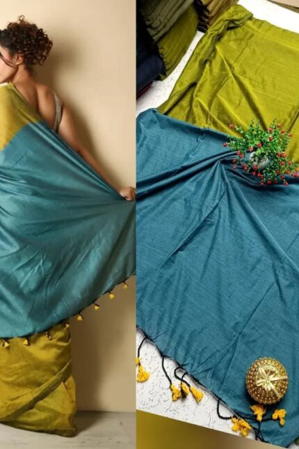 Sico Khadi Cotton Saree with contrast blouse piece, matching tassel pallu, soft lightweight fabric, elegant traditional ethnic wear for women.