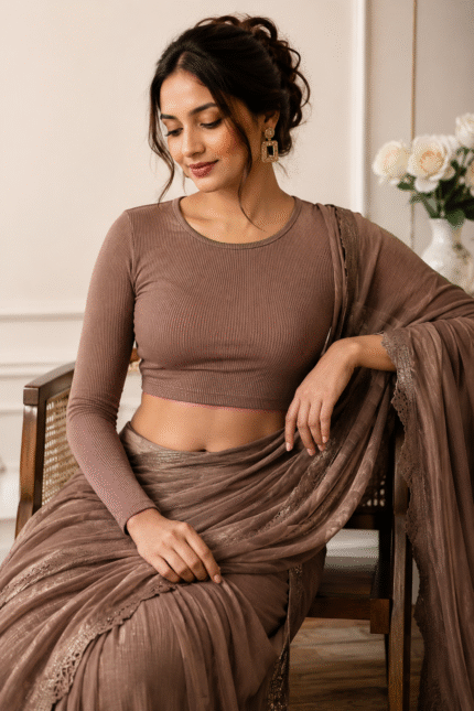 Brown ribbed crop blouse with round neck and full sleeves, stylish women's cropped top