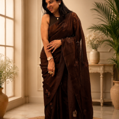 "Dark Mocha Coffee Party Wear Silk Saree with hand-beadwork and embroidery"