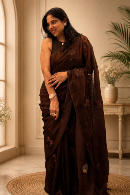 "Dark Mocha Coffee Party Wear Silk Saree with hand-beadwork and embroidery"