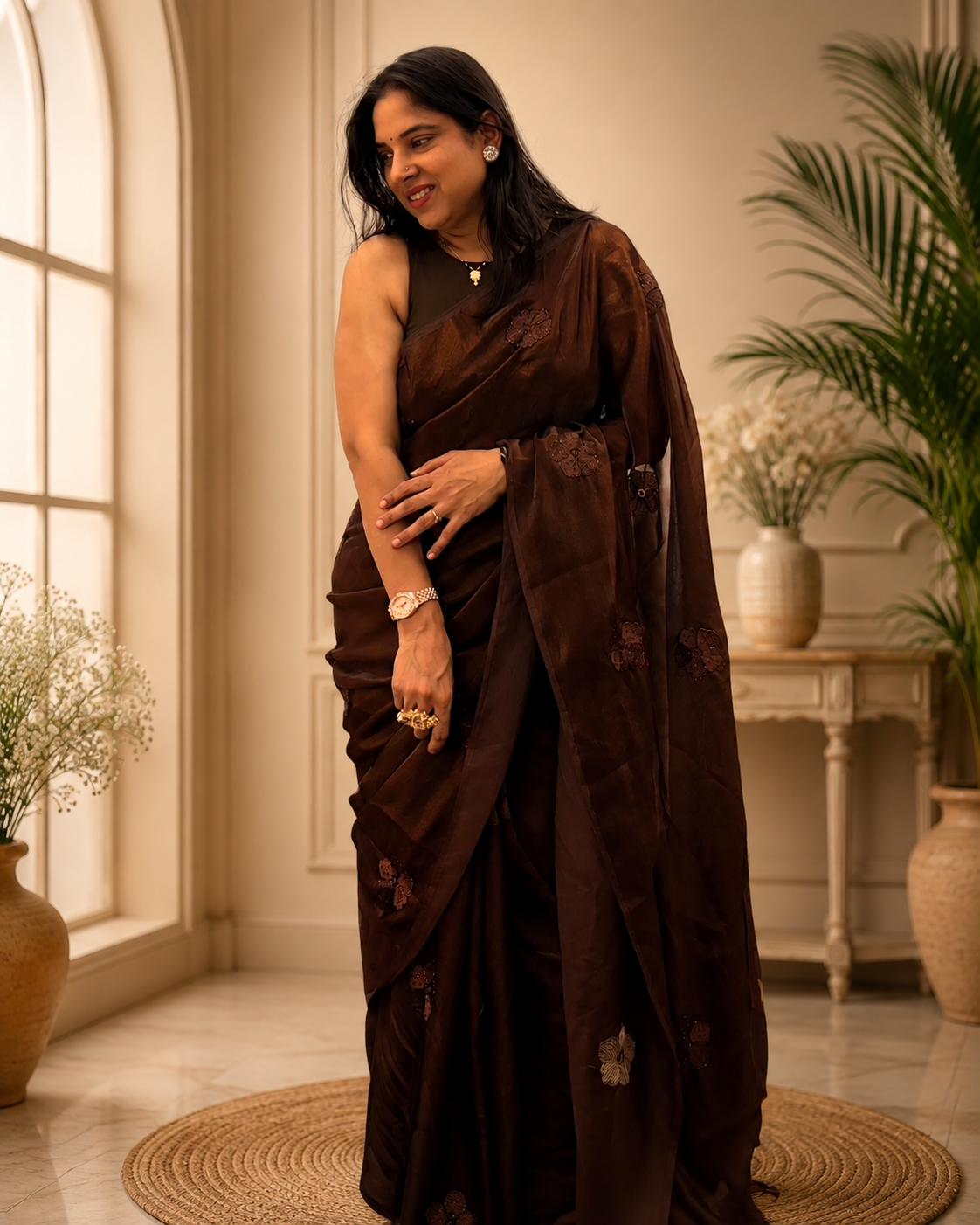 "Dark Mocha Coffee Party Wear Silk Saree with hand-beadwork and embroidery" "Dark Mocha Coffee Party Wear Silk Saree with hand-beadwork and embroidery"