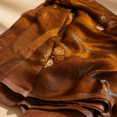 "Dark Mocha Coffee Party Wear Silk Saree with hand-beadwork and embroidery"